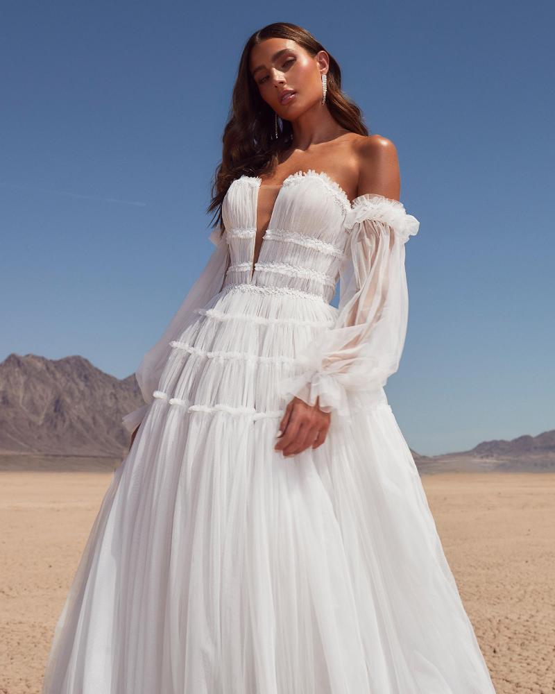 Lp2411 beach boho wedding dress with plunging neckline and tulle a line silhouette3